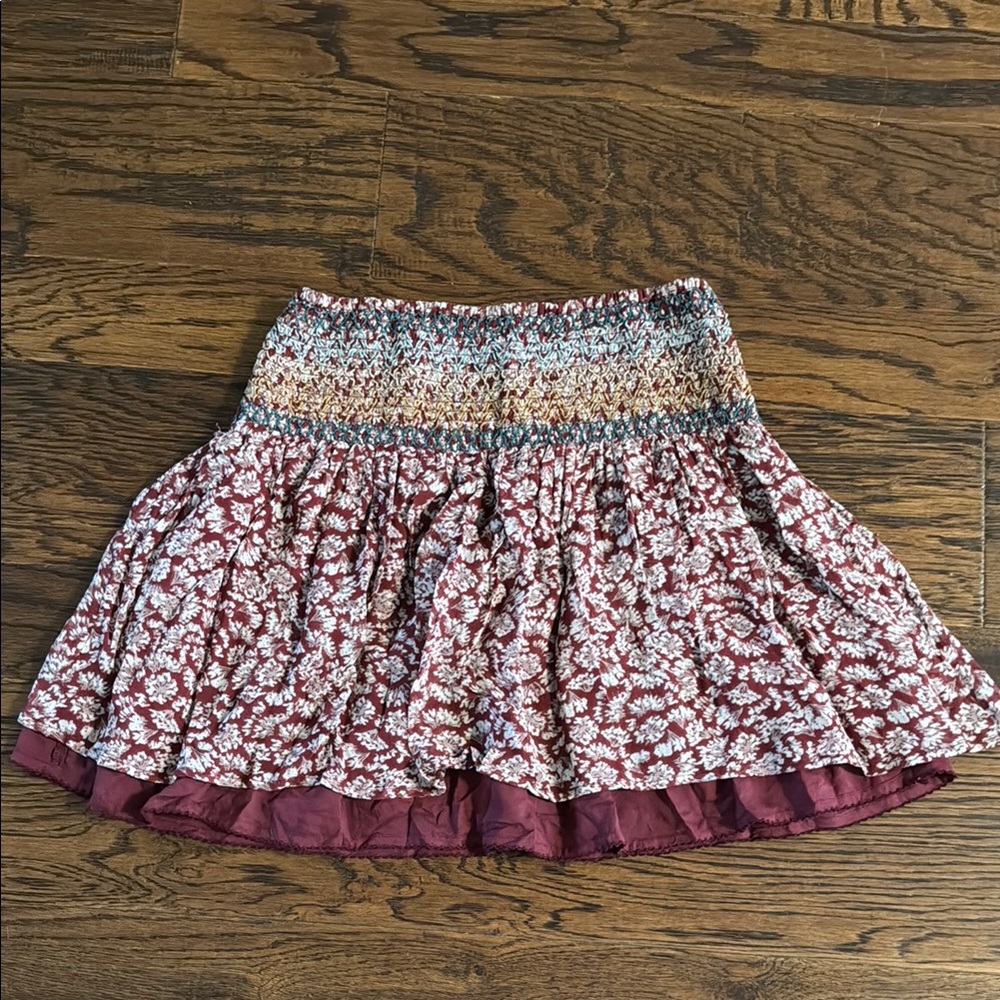 Anthropologie Floral Smocked Mini Skirt in Burgundy and Cream